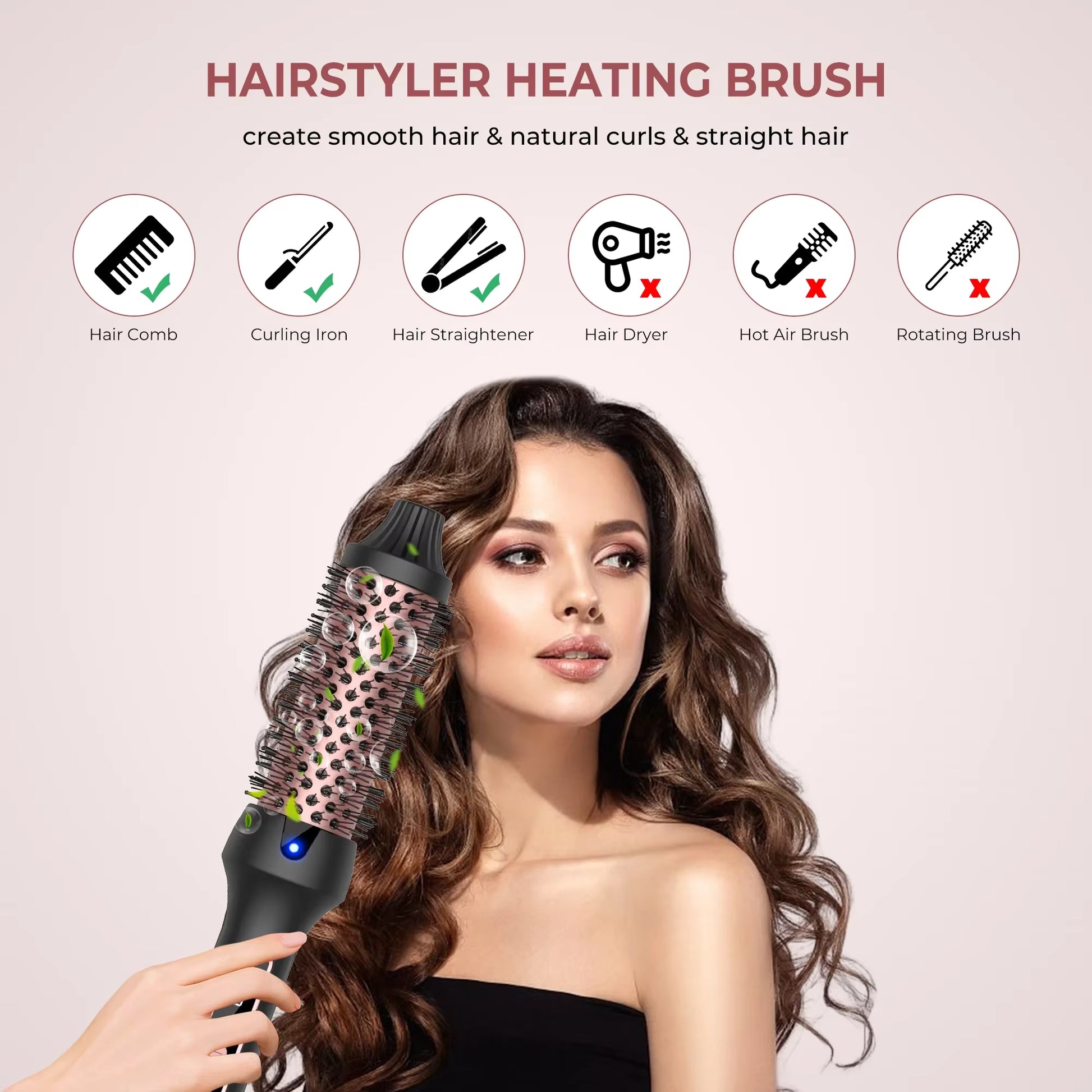 ​Heated Styling Brush 3-In-1 Ionic Hair Curler/Straightener with Anti-Scald Electric Curl Wand Curling Iron Hair Styling Tools